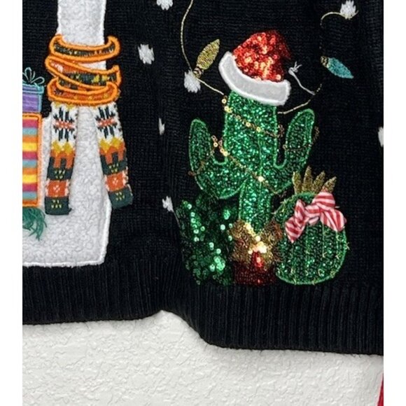 Christmas Sweater “Ugly” Llama Sz L (12-14) Black Sequins Cactus Stretchy - Picture 4 of 10